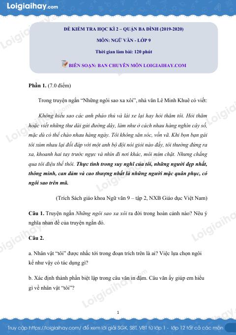 Đề thi kì 2 môn Văn lớp 9 năm 2019 - 2020 quận Ba Đình